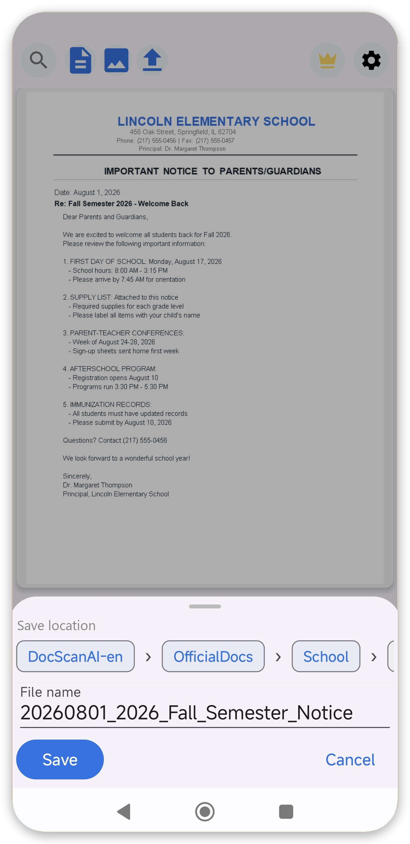 AI save dialog (school notice)
